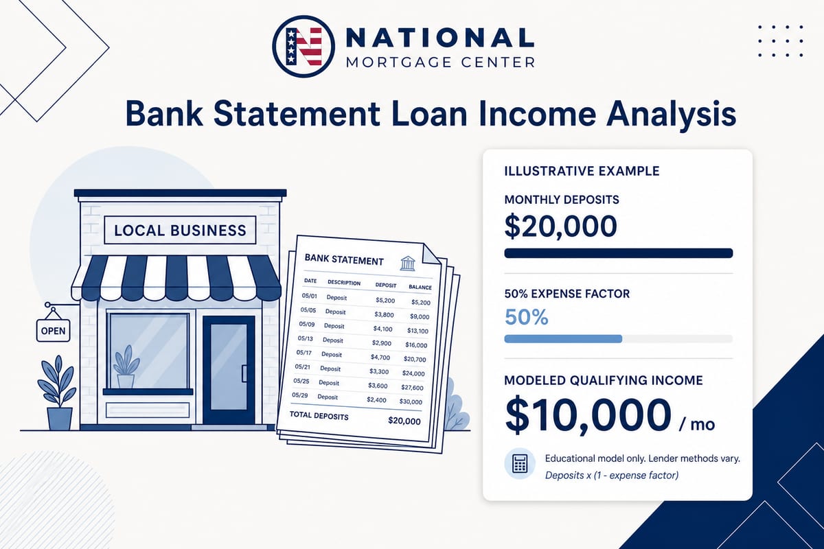 Bank statement loan income analysis illustration showing $20,000 monthly deposits, a 50 percent expense factor, and $10,000 modeled qualifying income for self-employed borrowers