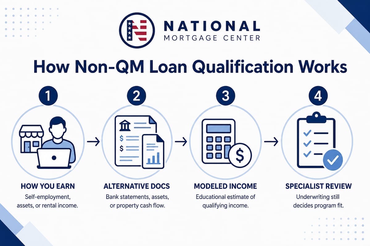 How Non-QM loan qualification works: how you earn, alternative documentation such as bank statements or assets, modeled qualifying income, and specialist underwriting review