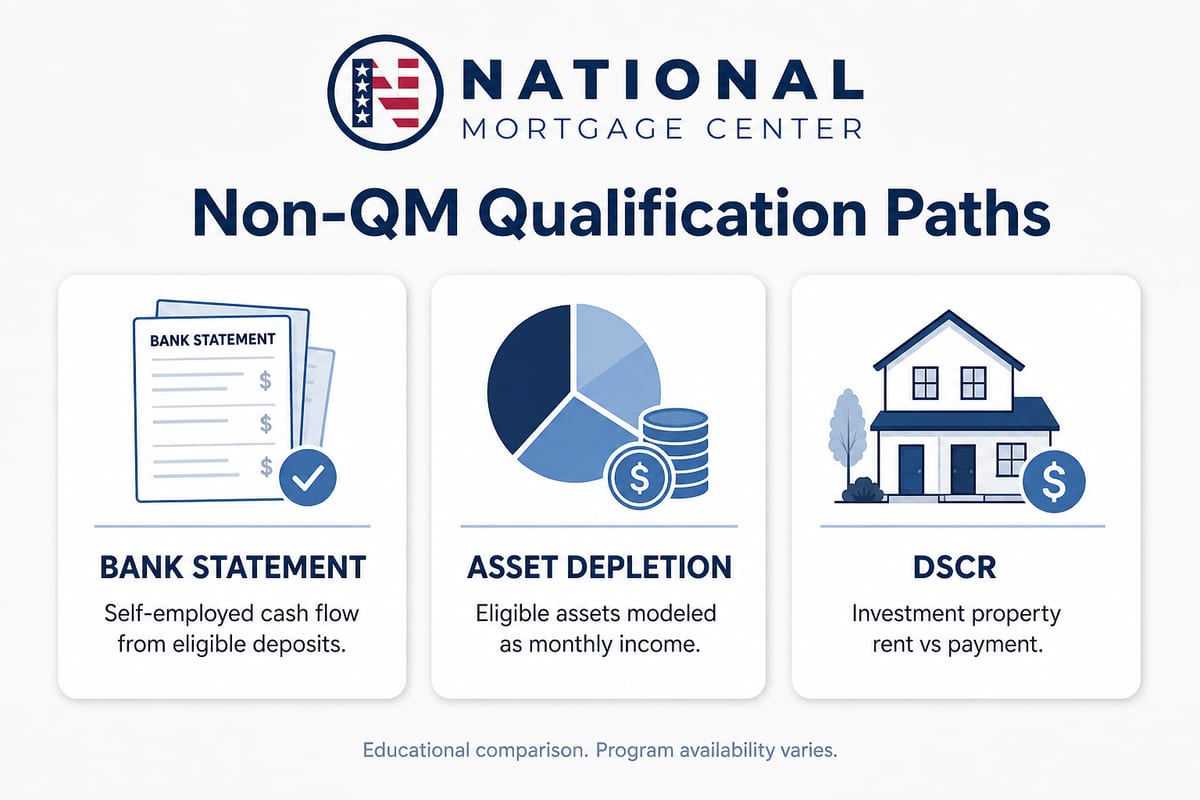 Non-QM qualification paths infographic comparing bank statement loans, asset depletion loans, and DSCR rental property financing