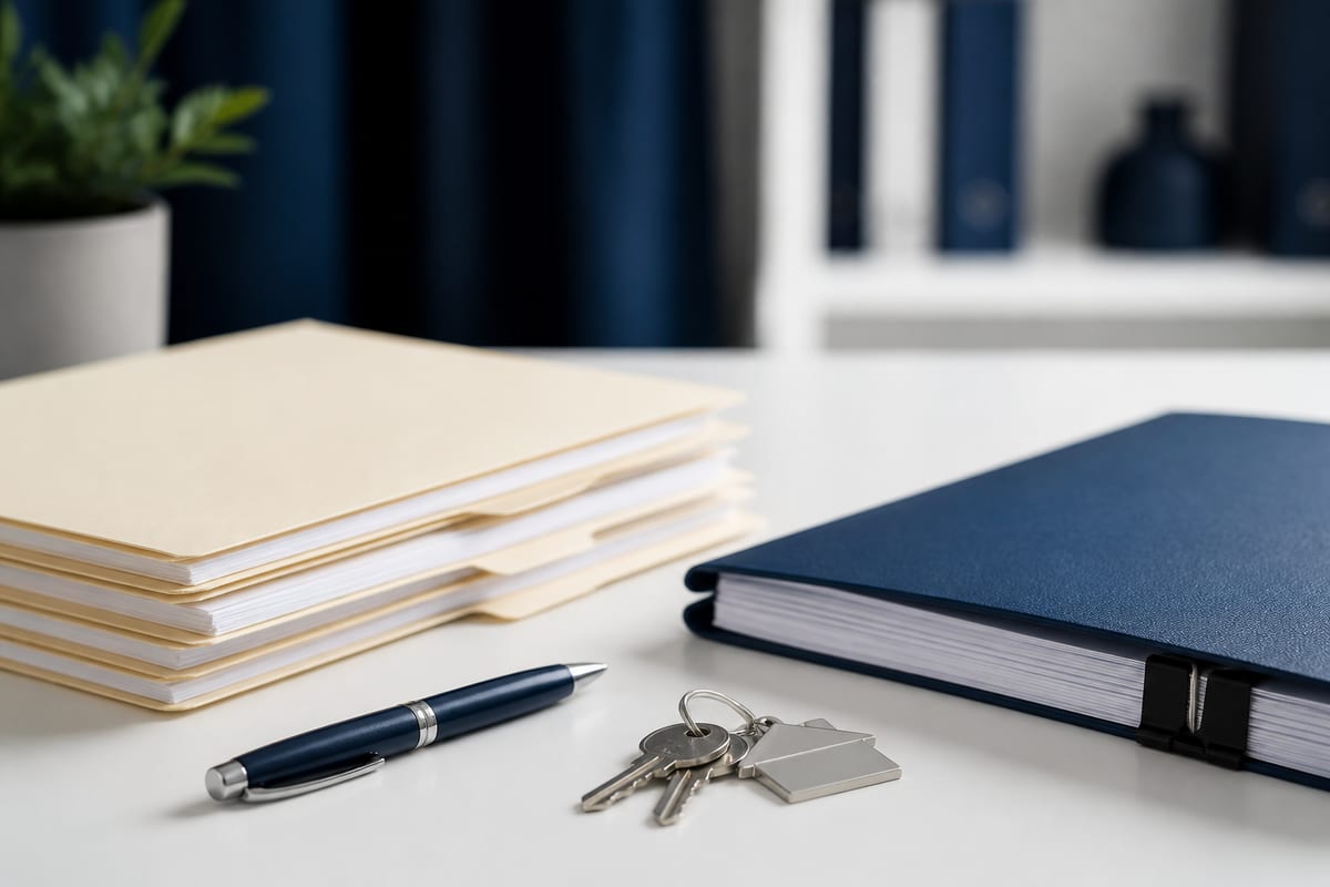 Closing documents, house keys, and folders on a desk. Editorial still life — no readable dollar amounts.