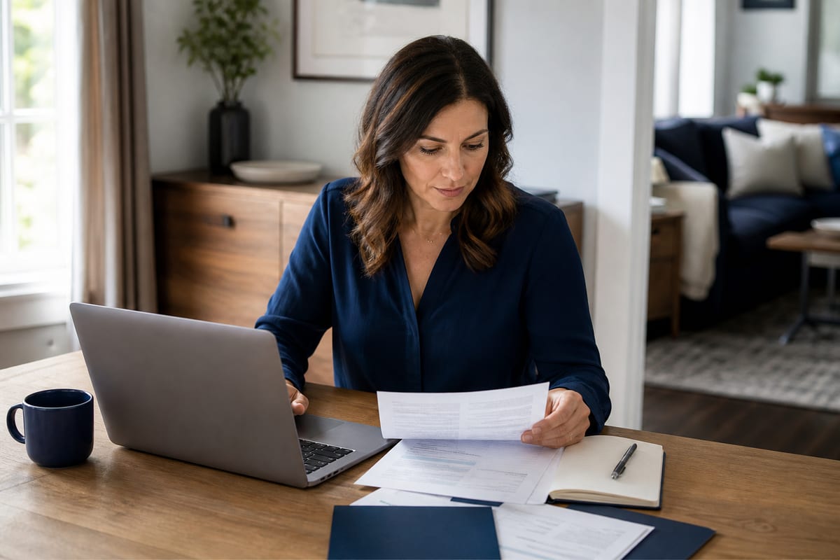 Homeowner reviewing mortgage documents at a dining table. Editorial planning scene — not a National Mortgage Center customer.