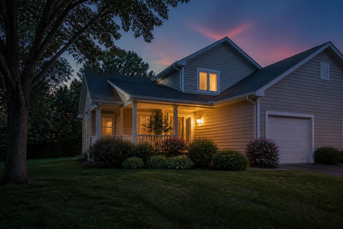Quiet suburban house exterior at dusk. Editorial decision visual — not a customer property.