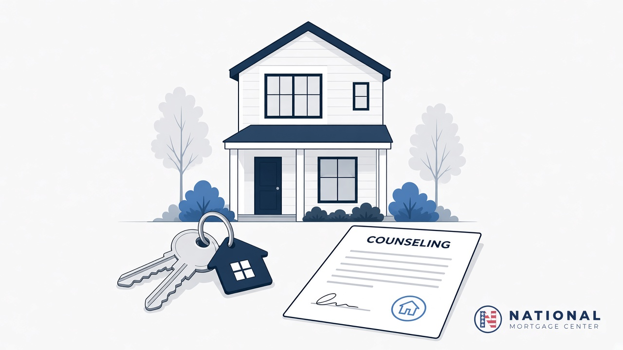 Illustration of a primary home, house keys, and a counseling document for a reverse mortgage.