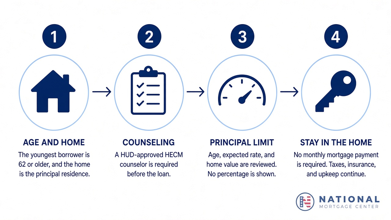 Four steps of a HECM reverse mortgage: age and principal residence, HUD-approved counseling, the principal limit, and staying in the home while taxes, insurance, and upkeep continue.