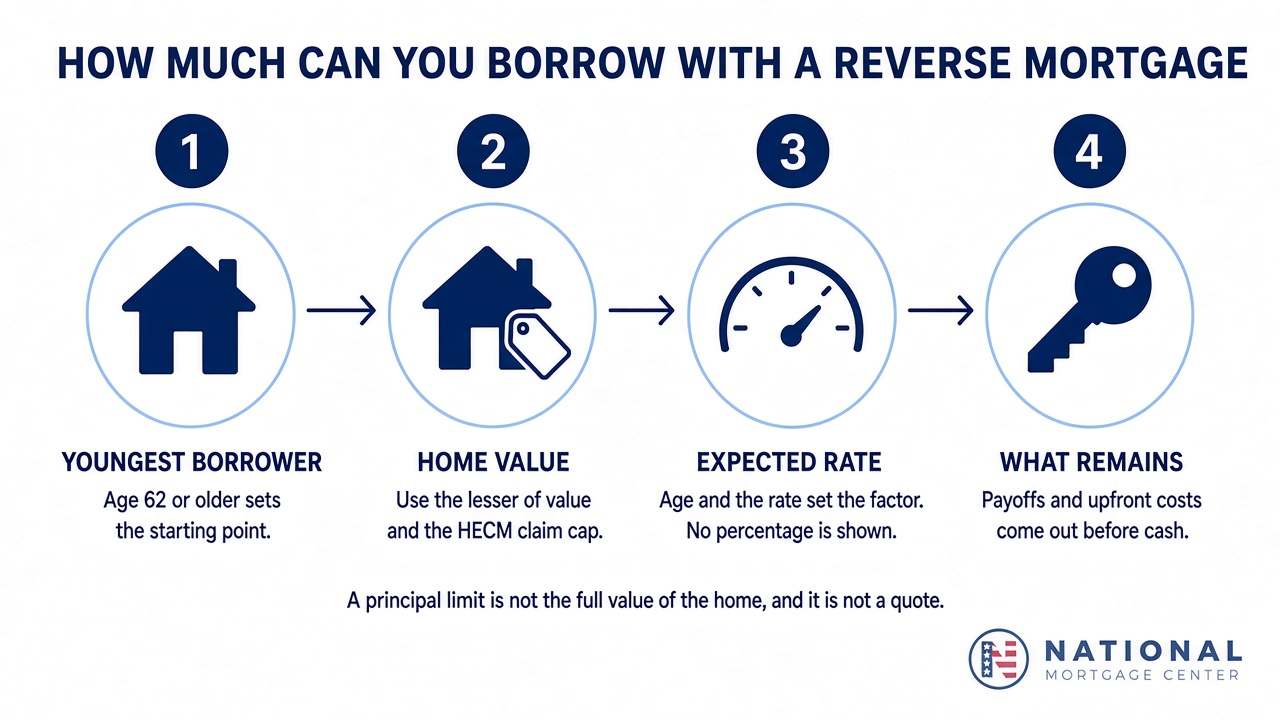 How much you can borrow with a reverse mortgage: youngest borrower age, home value up to the HECM claim cap, and the expected rate set the principal limit, then payoffs and upfront costs come out before cash.
