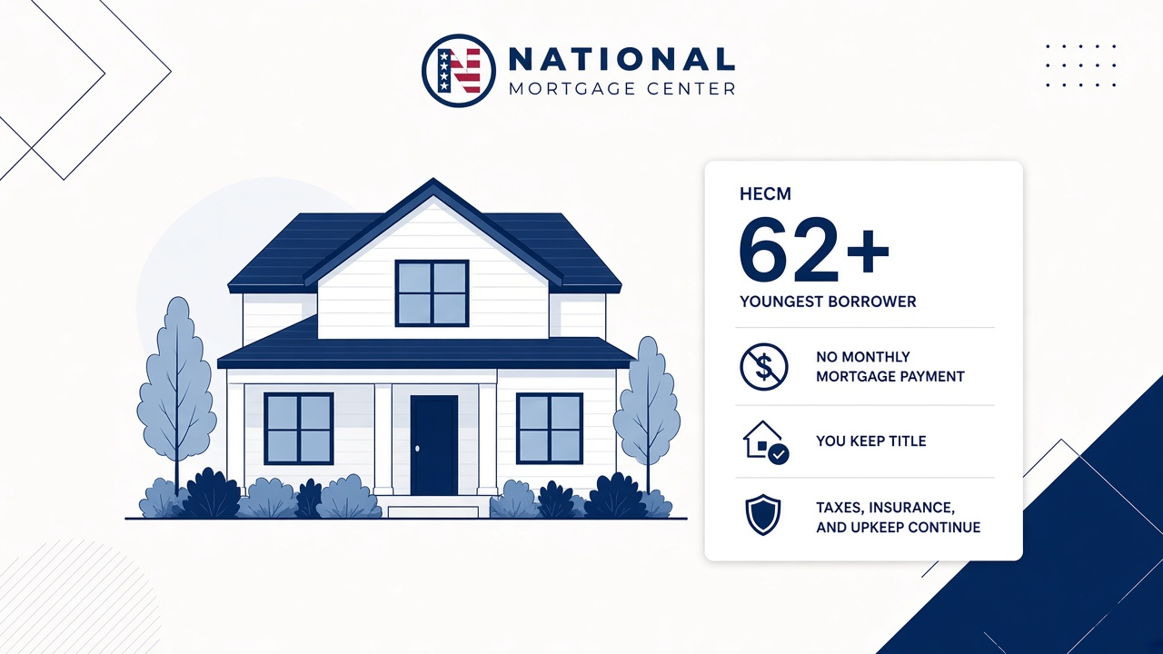 National Mortgage Center illustration of a primary home beside HECM facts: age 62 or older, no required monthly mortgage payment, the borrower keeps title, and taxes, insurance, and upkeep continue.